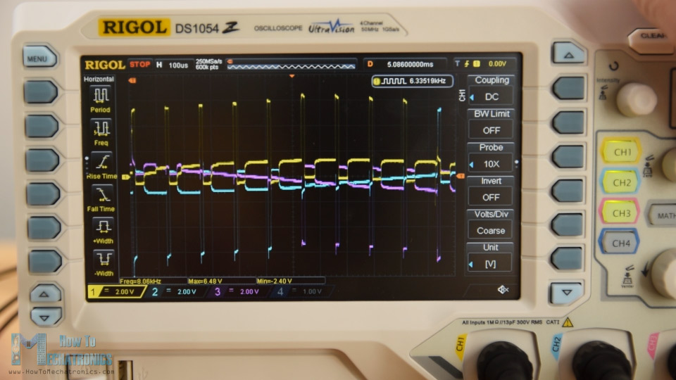 Rigol DS1054Z示波器上显示的BLDC电机相位激活